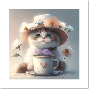 II.Cute cat in a hat with flowers and a cup of tea Posters and Art